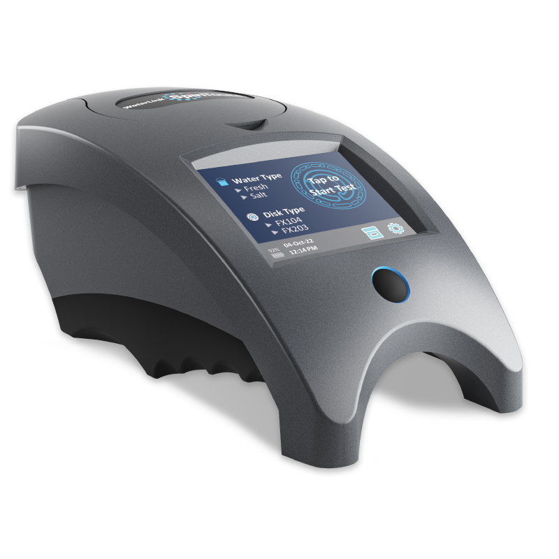 A compact, gray WaterLink Spin Touch FX - 3589 electronic device with a touchscreen display showing water type and disk type options, featuring a rounded design and blue accents, set against a white background.