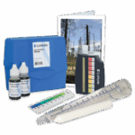 A blue Acid Rain Study Outfit - 3604-01 kit with indicator bottles, a test tube, color chart, pipette, instructions, and a booklet showing a forest affected by acid rain.