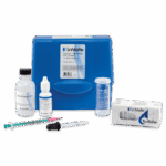 A Calcium Hardness in Fresh or Salt Water Test Kit - 3609-01, featuring a blue plastic case, reagent bottles, test tube, dropper, syringe, and a box labeled “TesTabs,” neatly arranged on a white background.
