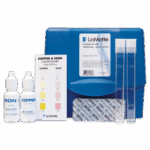 The Copper & Iron Metchek Test Kit features a blue case, iron and copper test solutions, color chart, two clear test tubes, and a packet of tablets for accurate water testing.