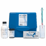 A blue Bromine / Chlorine Test Kit - 3624-01 featuring a bottle of chlorine/bromine titrant, DPD #1 powder, TesTabs pack, syringe, and clear vial—everything you need for simple water testing.