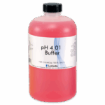 A clear plastic bottle filled with pink liquid, labeled pH 4.01 Buffer for chemical tests, manufactured by LaMotte. Part of the Color Coded pH Buffer Solutions 3771 line, it features a black screw cap and a white label with product details.
