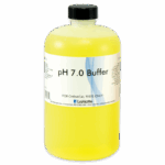 A clear plastic bottle filled with yellow liquid, labeled pH 7.0 Buffer by LaMotte, is part of the Color Coded pH Buffer Solutions 3772 for chemical tests. The bottle features a black cap and a white label with blue graphics and text.