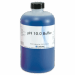 A clear plastic bottle with a black cap, filled with blue liquid and labeled pH 10.0 Buffer for chemical tests only, produced by LaMotte as part of their Color Coded pH Buffer Solutions 3773 series.