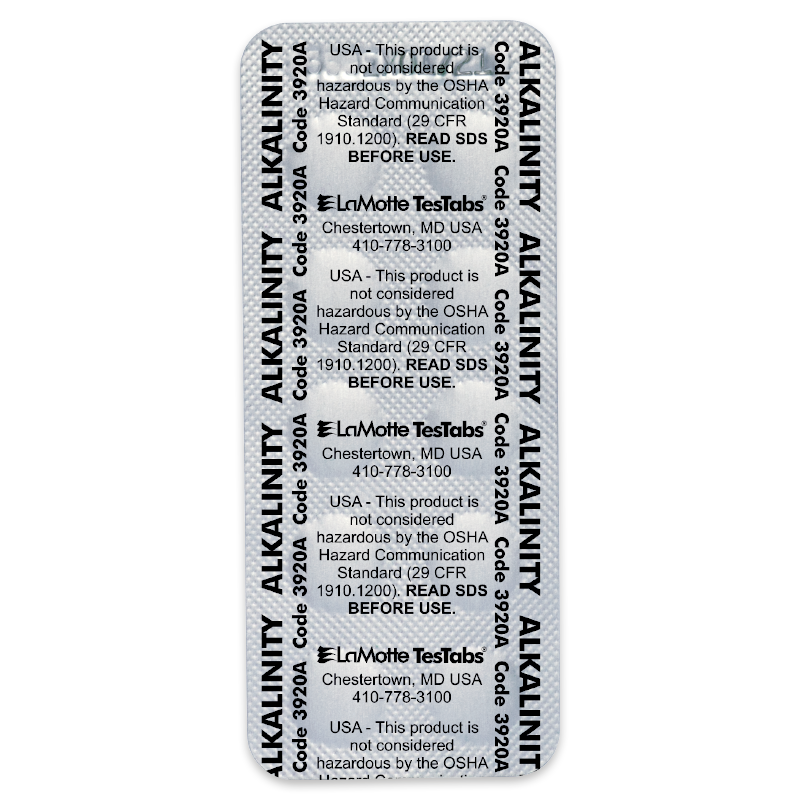 A blister pack labeled ALKALINITY and LaMotte TesTabs with safety warnings, contact info, and code 3902, containing small round Alk Test tablets in individual pockets.