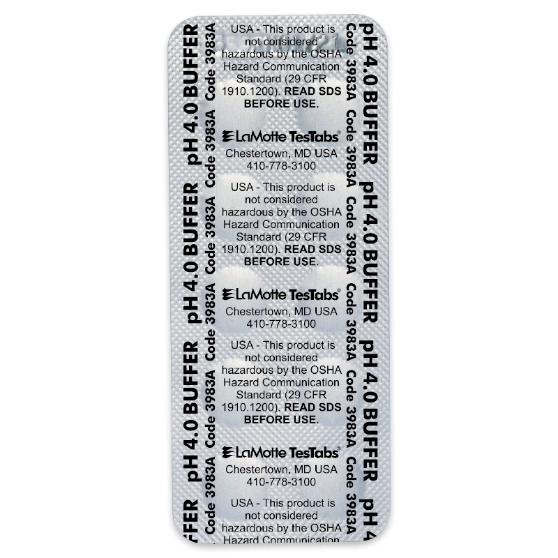 A blister pack labeled pH 4.0 BUFFER, containing Buffer Tablets 3983, features repeated safety warnings, LaMotte TesTabs manufacturer details, and instructions to read the SDS before use.