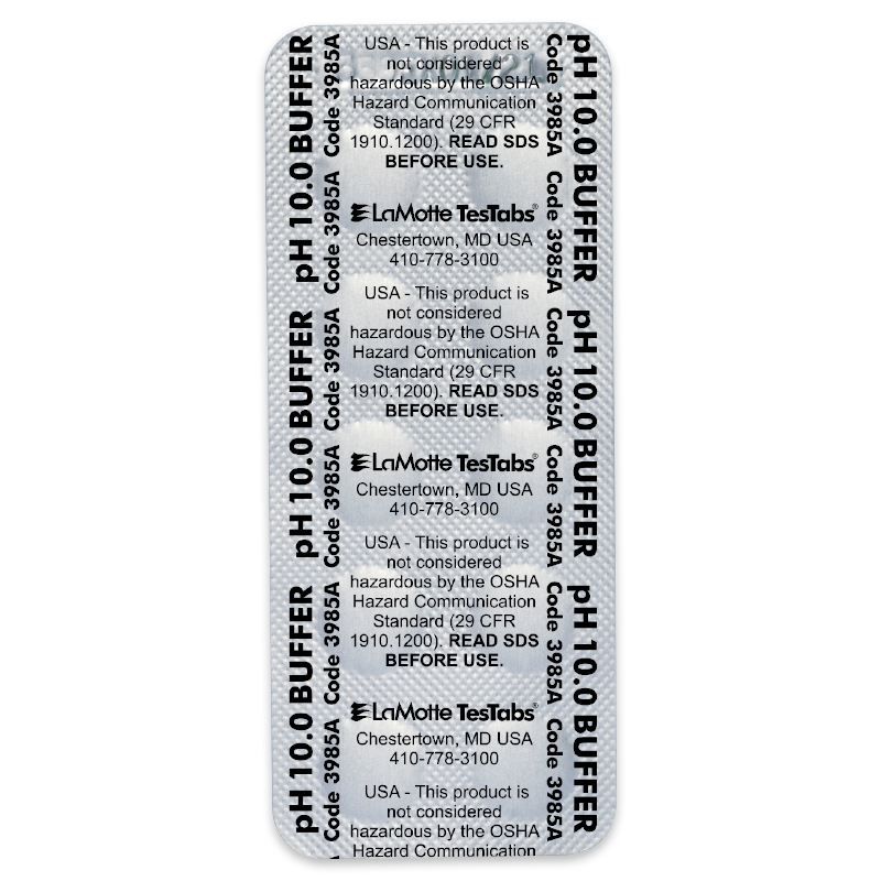 A blister pack labeled Buffer Tablets 3985, pH 10.0 Buffer, contains multiple tablets. Instructions, safety information, and manufacturer details are printed in black text on a white background.