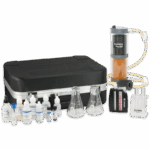 The AT Visual Water Quality Sales Demo Kit - 4-3015-01 includes a black carrying case, chemical bottles, two Erlenmeyer flasks, a test tube rack, color comparator, and a cylindrical filter with tubing, all arranged on a white surface.