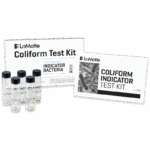 Two boxes labeled Coliform Test Kit and Total Coliform Test Kit for Drinking Water - 4-3616 with LaMotte branding are shown. In front of them are six small clear vials with black caps, each containing a yellowish substance.
