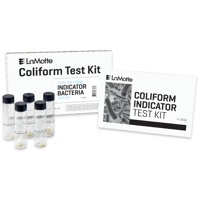 Two boxes labeled Coliform Test Kit and Total Coliform Test Kit for Drinking Water - 4-3616 with LaMotte branding are shown. In front of them are six small clear vials with black caps, each containing a yellowish substance.