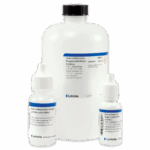 Three white bottles of LaMotte sodium hydroxide reagent with metal inhibitor, featuring blue and white labels. One large bottle is at the back, with two smaller dropper bottles in front.