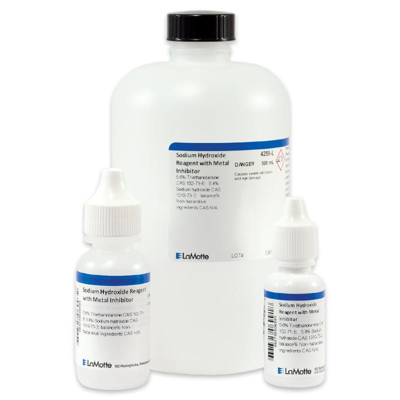 Three white bottles of LaMotte sodium hydroxide reagent with metal inhibitor, featuring blue and white labels. One large bottle is at the back, with two smaller dropper bottles in front.