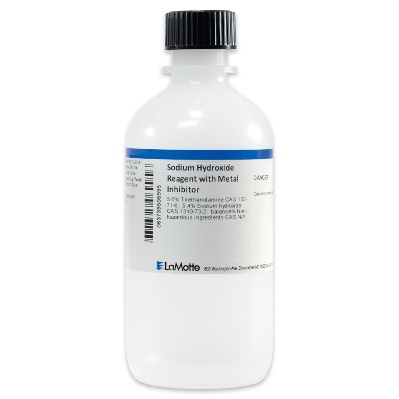 A white plastic bottle with a black screw cap labeled Sodium Hydroxide Reagent with Metal Inhibitor by LaMotte, with hazard information and a barcode on the label.