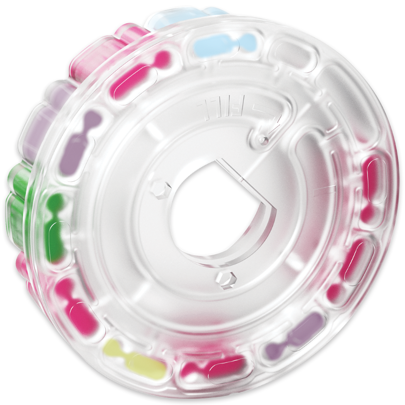 A colorful, transparent inflatable pool float in the shape of a wheel, featuring pastel pink, green, yellow, purple, and blue sections around the edge—resembling a playful SpinDisk Reagent Cartridge 4331-H.