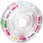 Un flotteur de piscine transparent et gonflable en forme de grande roue avec des sections rectangulaires colorées — rappelant la cartouche SpinDisk Reagent - 4336-H — entourant le bord extérieur en rose, vert, bleu et violet.