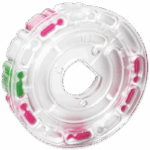 A transparent inflatable pool float shaped like a wheel, with pink and green segments around its sides and a central cutout, reminiscent of the design behind the SpinDisk Reagent Cartridge - 4337-H. Perfect for sitting or lounging in style.