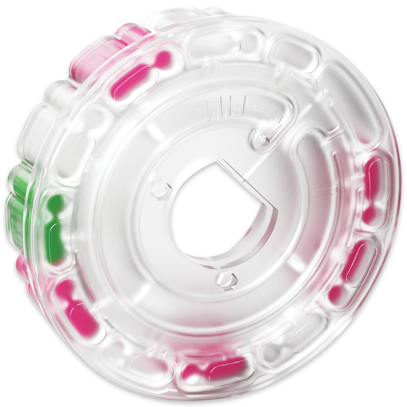 An inflatable, transparent pool float shaped like a wheel with white, pink, and green sections—resembling the vibrant look of the SpinDisk Reagent Cartridge - 4354-H. The float features a hollow center and molded grips along the outer edge.