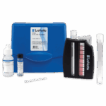 LaMotte Iron Test Kit - 4447-01 features a blue plastic case, color comparator, reagent bottles, glass test tubes, and a plastic dropper for accurate measurement of iron levels in water.