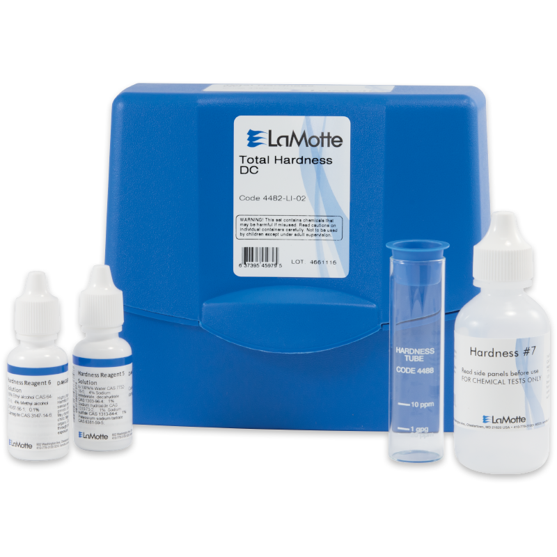 A blue LaMotte Total Hardness Test Kit - 4482-LI-02 case with three reagent bottles, a hardness test tube, and labeled bottles for measuring total water hardness.