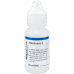 A white plastic dropper bottle labeled Hardness 5 with a white cap, blue accents, and text listing ingredients. The bottle is from LaMotte and stands against a plain white background.