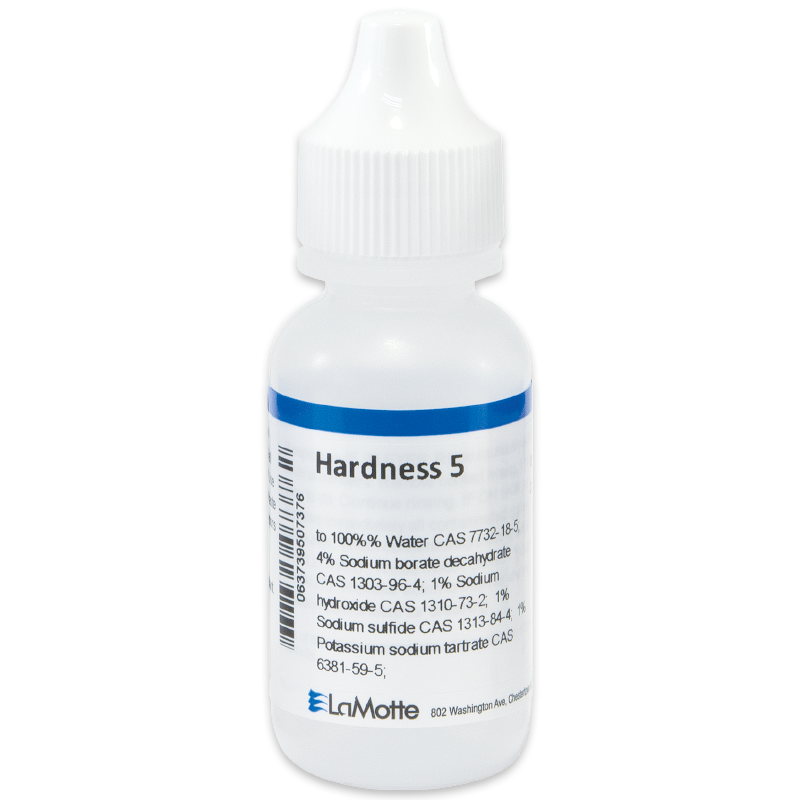 A white plastic dropper bottle labeled Hardness 5 with a white cap, blue accents, and text listing ingredients. The bottle is from LaMotte and stands against a plain white background.