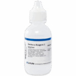 A small plastic bottle labeled Hardness Reagent 5 Solution with a white dropper cap. The clear label lists chemical contents and caution information. The LaMotte company logo appears at the bottom of the label.