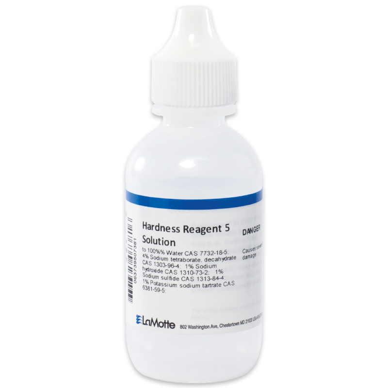 A small plastic bottle labeled Hardness Reagent 5 Solution with a white dropper cap. The clear label lists chemical contents and caution information. The LaMotte company logo appears at the bottom of the label.