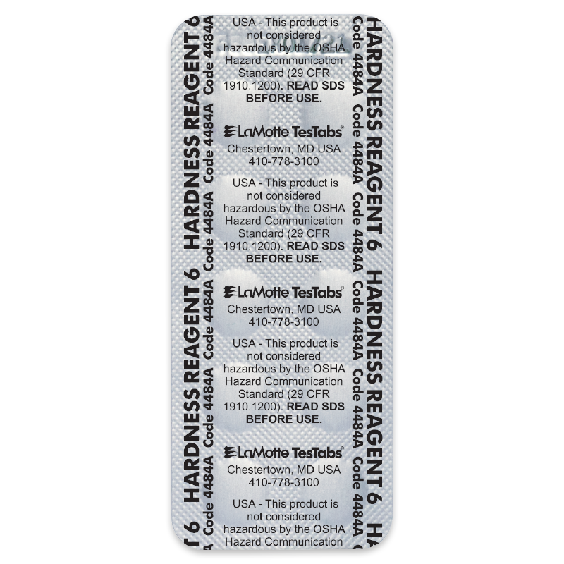 A blister pack labeled HARDNESS REAGENT and LaMotte TesTabs with safety information and contact details printed in black text on a silver background.