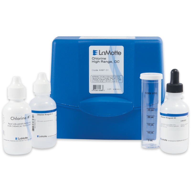 A blue Chlorine Test Kit - 4497-01 case with three reagent bottles, a dropper bottle, and a clear plastic graduated test tube for chlorine testing, all neatly arranged in front of the case.