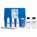 A LaMotte Chloride Test Kit - 4503-DR-02 comes in a blue carrying case with three reagent bottles, a small clear test tube with lid, a syringe with pink tip, and an extra reagent bottle, all arranged neatly.
