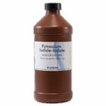 A brown plastic bottle labeled Potassium Iodide-Iodate with measurement details and a white cap, produced by LaMotte. The label advises to read side panels before use.