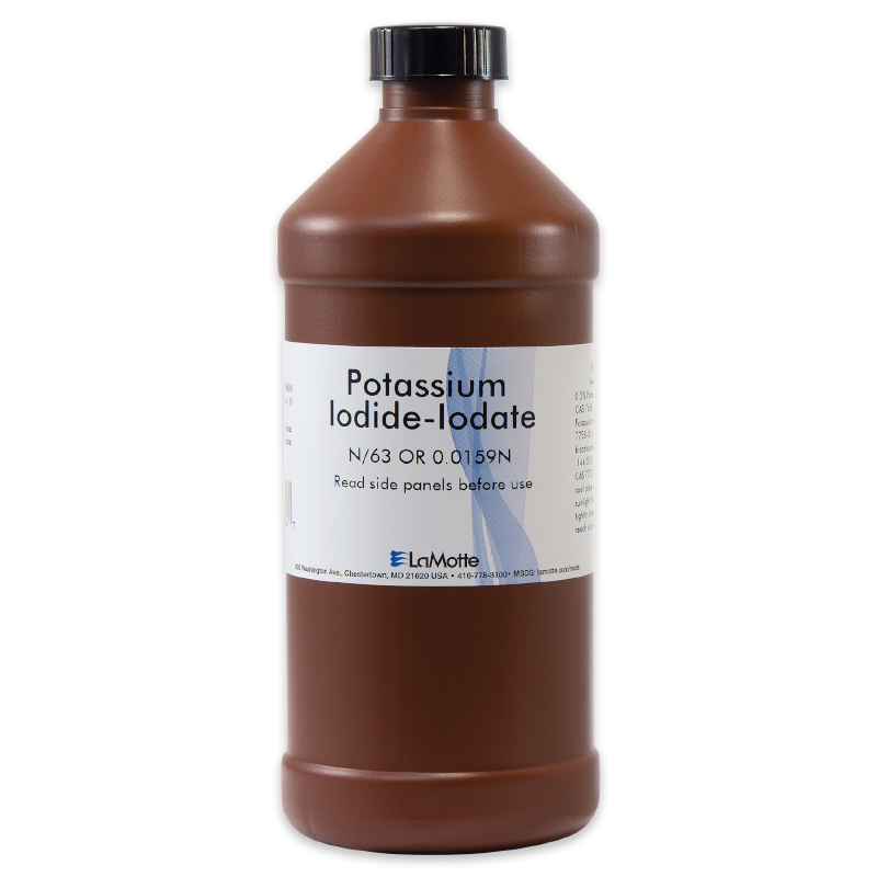 A brown plastic bottle labeled Potassium Iodide-Iodate with measurement details and a white cap, produced by LaMotte. The label advises to read side panels before use.
