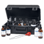 A black carrying case containing multiple glass bottles, test tubes, droppers, and a pipette with a red bulb, arranged for use as a Sulfide Test Kit - 4630 in chemistry or water testing applications.