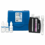 The LaMotte DEHA Test Kit - 4790-01 features a blue carrying case, three reagent bottles, a black color comparator with chart, and two clear test tubes, all arranged neatly against a white background.