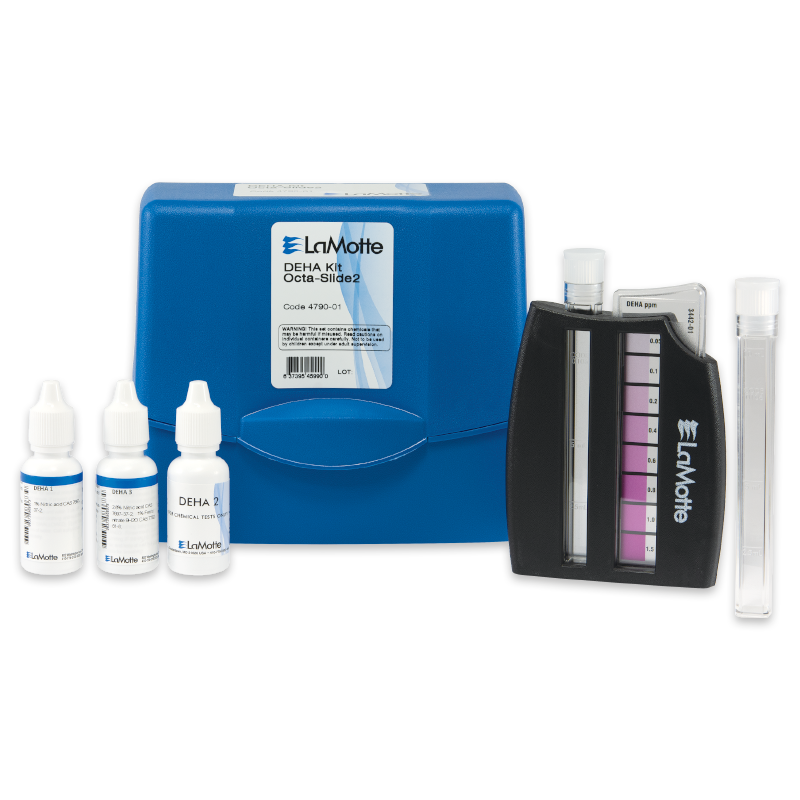 The LaMotte DEHA Test Kit - 4790-01 features a blue carrying case, three reagent bottles, a black color comparator with chart, and two clear test tubes, all arranged neatly against a white background.