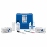 A water testing kit with a blue case, test solution bottles, dropper, test tube, green and pink mixing stick, and two boxes of test tablets—ideal for Total Magnesium Hardness Test Kit - 4824-DR-LT-01 and calcium analysis—arranged on a white background.