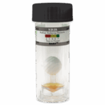 A clear plastic test vial labeled Sulfate Reducing Bacteria Test - SRB-BART - 5-0025 with a black cap, containing a white floating ball above a brownish-orange liquid at the bottom.