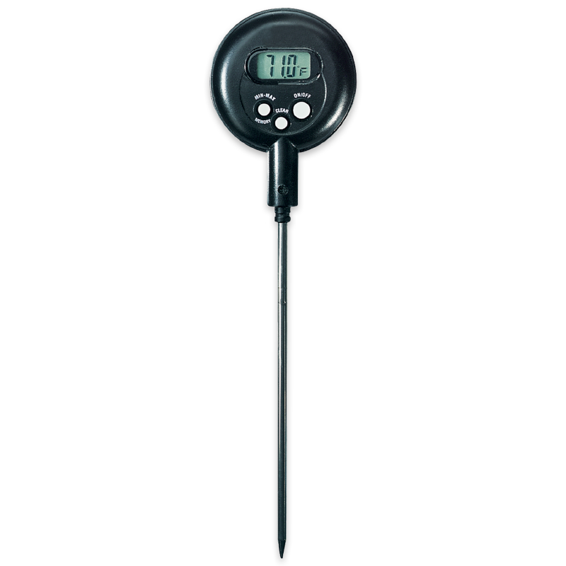 Un termómetro digital de memoria Min-Max 5-0095 cuenta con una pantalla circular negra que muestra 71,0°F, dos botones debajo de la pantalla y una sonda metálica larga y fina que sobresale desde la parte inferior del dispositivo.