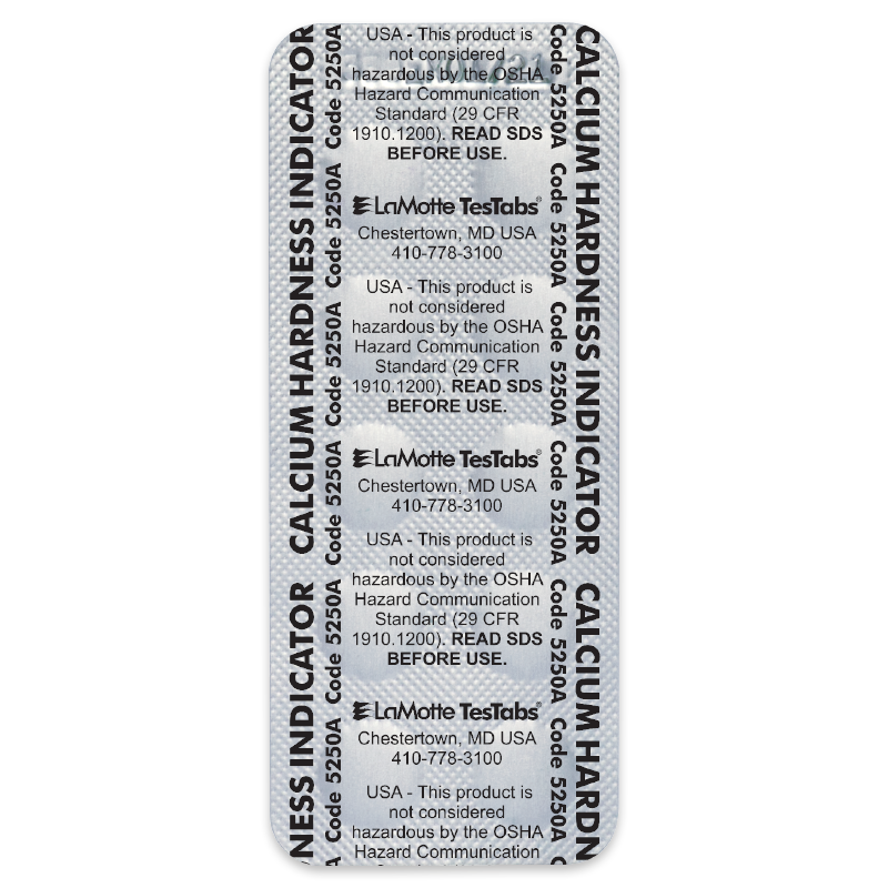A blister pack labeled Calcium Hardness Indicator with printed safety and contact information from LaMotte TesTabs, including a phone number and regulatory details.