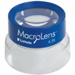 A blue and clear magnifying lens labeled “MacroLens 4.5X” by LaMotte, designed for close-up viewing, sits on a white surface. Model MacroLens - 5508 offers precision and clarity for detailed inspection.