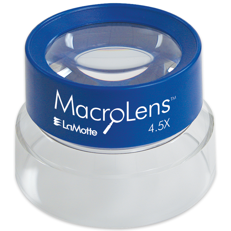 A blue and clear magnifying lens labeled “MacroLens 4.5X” by LaMotte, designed for close-up viewing, sits on a white surface. Model MacroLens - 5508 offers precision and clarity for detailed inspection.