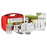 The Model EL - Garden Kit - 5679-02 features a red carrying case, test tubes, bottles, sample containers, tablets, a soil guide, and handbook—all arranged neatly on a white background.
