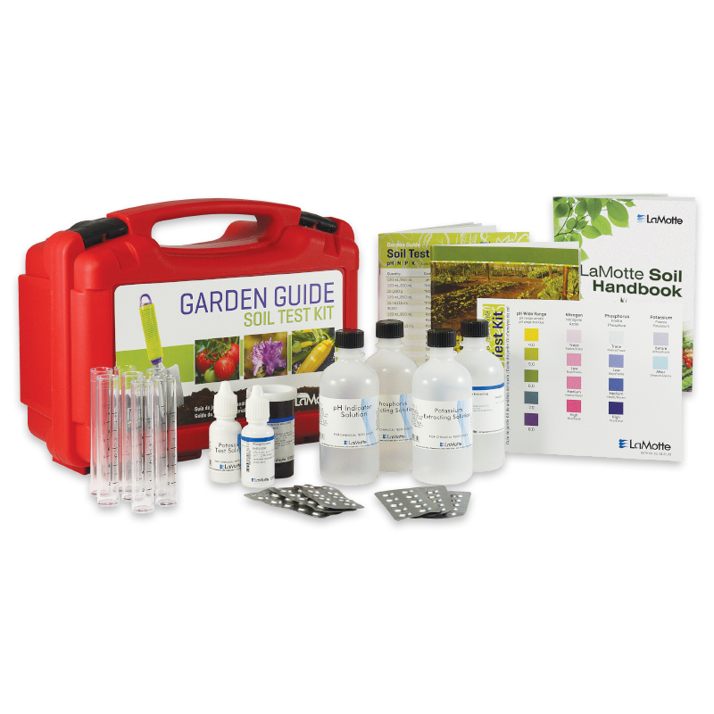 The Model EL - Garden Kit - 5679-02 features a red carrying case, test tubes, bottles, sample containers, tablets, a soil guide, and handbook—all arranged neatly on a white background.