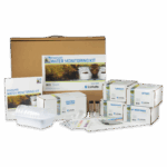 The Earth Force® Standard Water Monitoring Kit - 5848 features labeled boxes for turbidity, nitrate, coliform bacteria, phosphate, and pH tests, various testing materials, and a brown carrying case in the background.