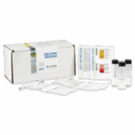The Coliform Test Kit - Recreational Water - 5850 includes a box, instruction cards, four test vials, and several sealed pouches neatly arranged on a white surface.