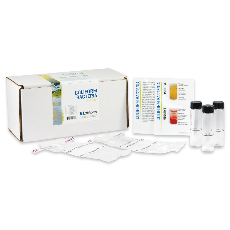 The Coliform Test Kit - Recreational Water - 5850 includes a box, instruction cards, four test vials, and several sealed pouches neatly arranged on a white surface.