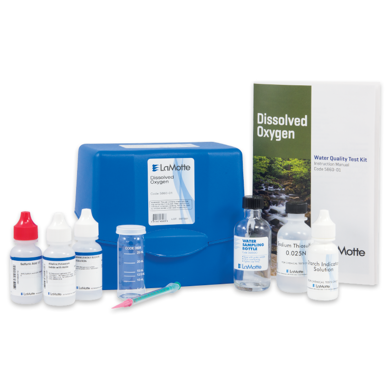 A LaMotte Dissolved Oxygen Test Kit - 5860-01 includes reagent bottles, a glass sample bottle, a plastic case, two syringes, and an instruction manual, all displayed on a white background.