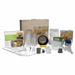 A Leaf Pack Experiments Stream Ecology Kit - 5882 is displayed, featuring petri dishes, magnifying glass, identification guides, forceps, cards, a box, collecting containers, and instructional booklets arranged neatly on a white surface.