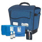 A blue LaMotte Limnology Outfit - 5902-02 carrying case with a handle, three blue plastic boxes, two dropper bottles, and a color comparison chart for water testing.