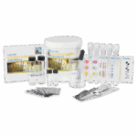 Earth Force Low Cost Estuary & Marine Monitoring Kit - 5911 includes test tubes, vials, a white container, color comparison charts, sample strips, and an instruction booklet, all neatly arranged on a white background.